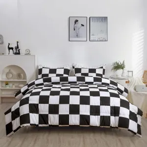 LUCKYBULL Comforter Set Twin Bedding Set Fluffy Black Plaid Down Alternative Comforter, Checkered Soft Textured Comforter with 1 Pillowcase All Seasons, Black and White 2 Piece