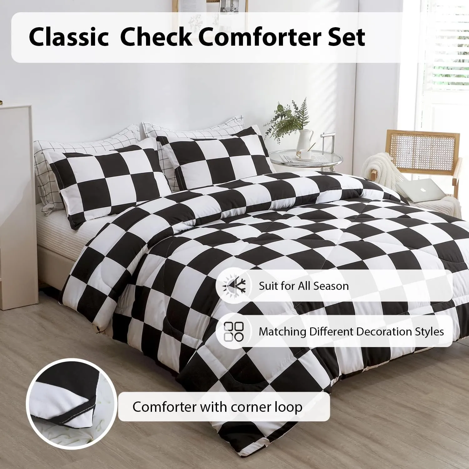 LUCKYBULL Comforter Set Twin Bedding Set Fluffy Black Plaid Down Alternative Comforter, Checkered Soft Textured Comforter with 1 Pillowcase All Seasons, Black and White 2 Piece