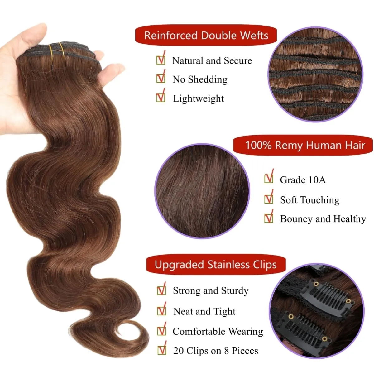 LUMIERE Human Hair Clip In Extensions 120g Medium Brown Body Wave Clip In Extensions Human Hair For Black Women Seamless Clip Ins 8 Pcs 20 Clips Double Wefts #4 22 Inch