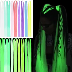 Luminous Hair Extension Kit with Tools Glow in the Dark Glitter Hair Tinsel for Girls Neon UV Reactive Synthetic Hair Accessories for Christmas Halloween Party(48 Inch, 12 Colors, 3000 strands)