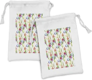 Lunarable Tulip Fabric Pouch Set of 2, Colorful Blooming Flower Buds Reviving Nature Watercolor Painting of Tile Form Design, Small Drawstring Bag for Toiletries Masks and Favors, 9" x 6", Multicolor