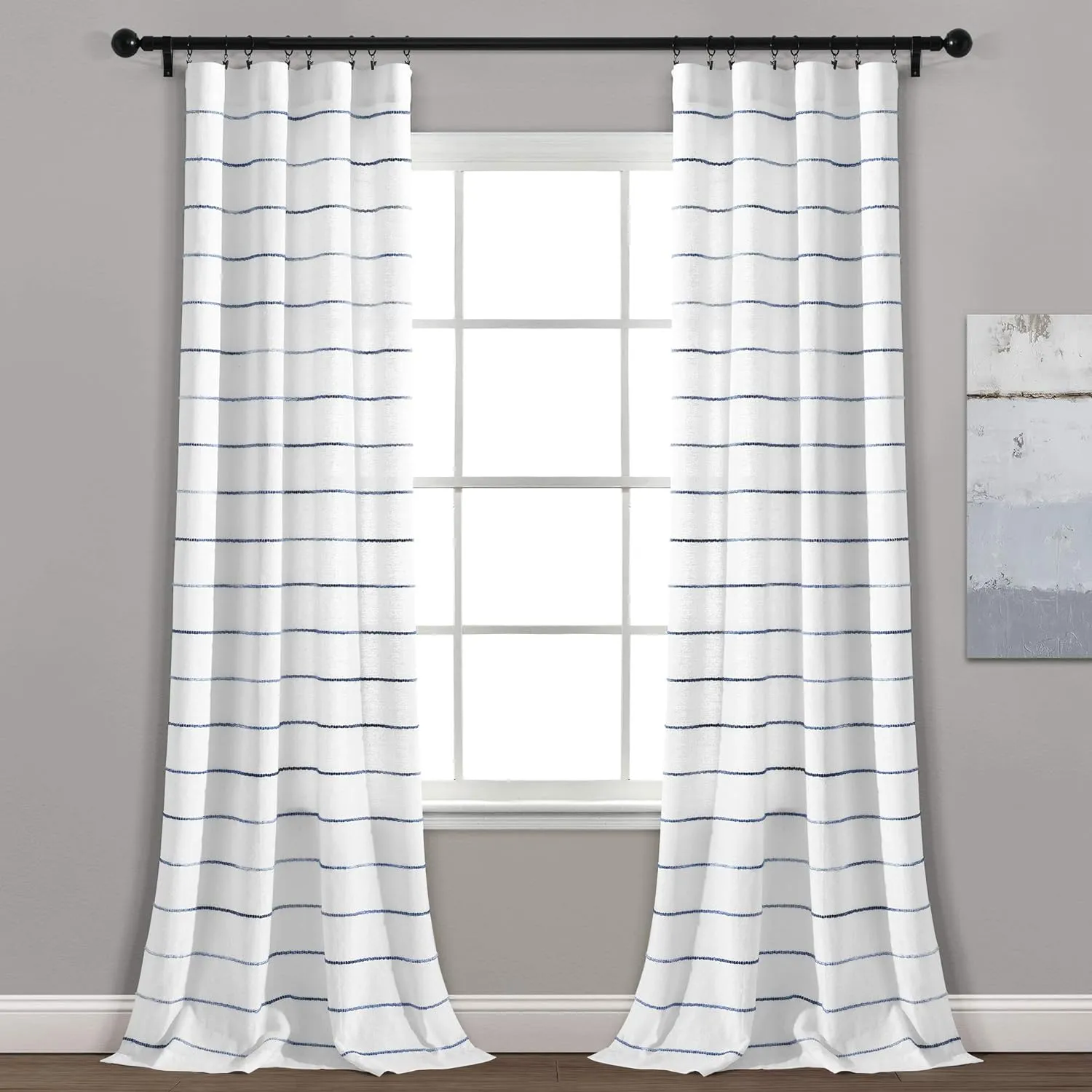 Lush Decor Ombre Stripe Yarn Dyed Cotton Window Curtain Panel Set - Colorful Tufted Yarn Stripe Detail - 2 Window Panels - 40" W x 95" L, Navy