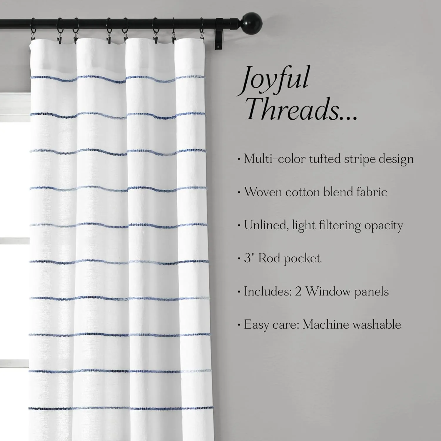 Lush Decor Ombre Stripe Yarn Dyed Cotton Window Curtain Panel Set - Colorful Tufted Yarn Stripe Detail - 2 Window Panels - 40" W x 95" L, Navy