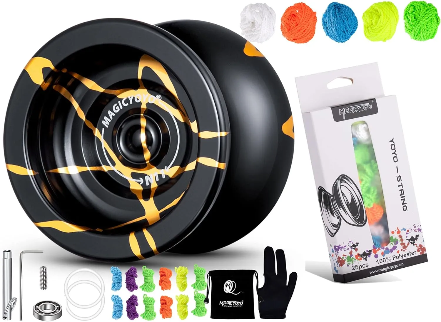 MAGICYOYO N11 Black Golden Unresponsive Yoyo Kit, Yoyo Glove, Bag, 12 Strings, 25 Replacement Strings