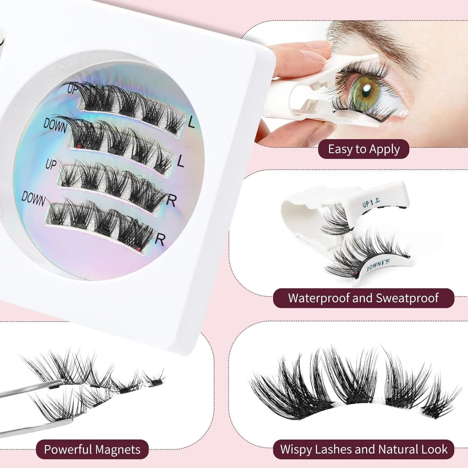 Magnetic Eyelashes With Applicator No Glue or Eyeliner Needed Pregnancy Safe Unidollss Magnet Eyelashes Natural Look Reusable Magnetic Lashes Clusters Kit Cat Eye Windproof & Waterproof 1 Pair (01)