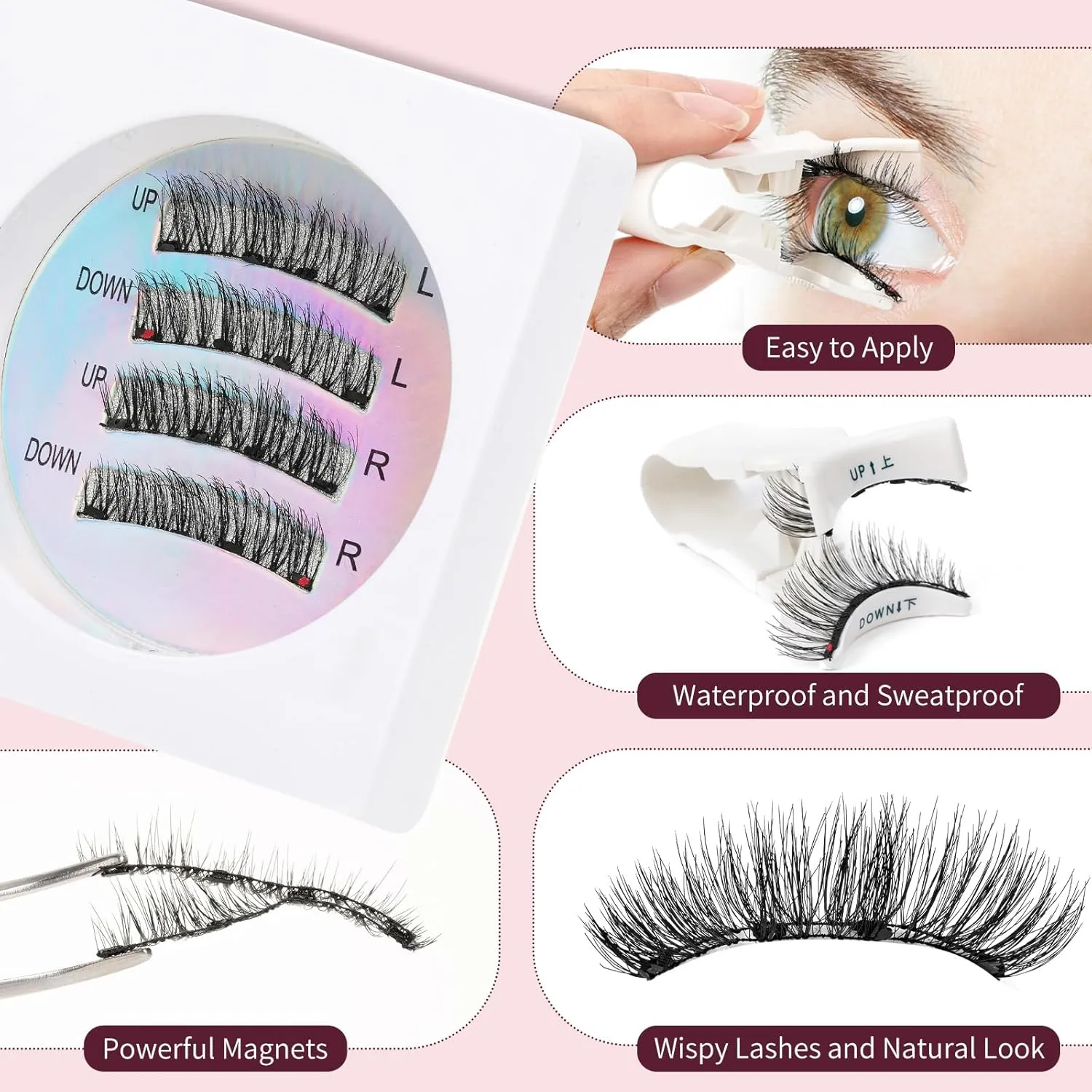 Magnetic Eyelashes With Applicator No Glue or Eyeliner Needed Pregnancy Safe Unidollss Magnet Eyelashes Natural Look Reusable Magnetic Lashes Clusters Kit Cat Eye Windproof & Waterproof 1 Pair (03)