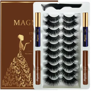 Magnetic Eyelashes with Eyeliner Kit 18-21MM Fluffy Dramatic Faux Mink Lashes 10 Pairs Long Luxury Volume Fake Eye Lashes Easy to Apply Cruelty-Free&Vegan （2 black 2brown)