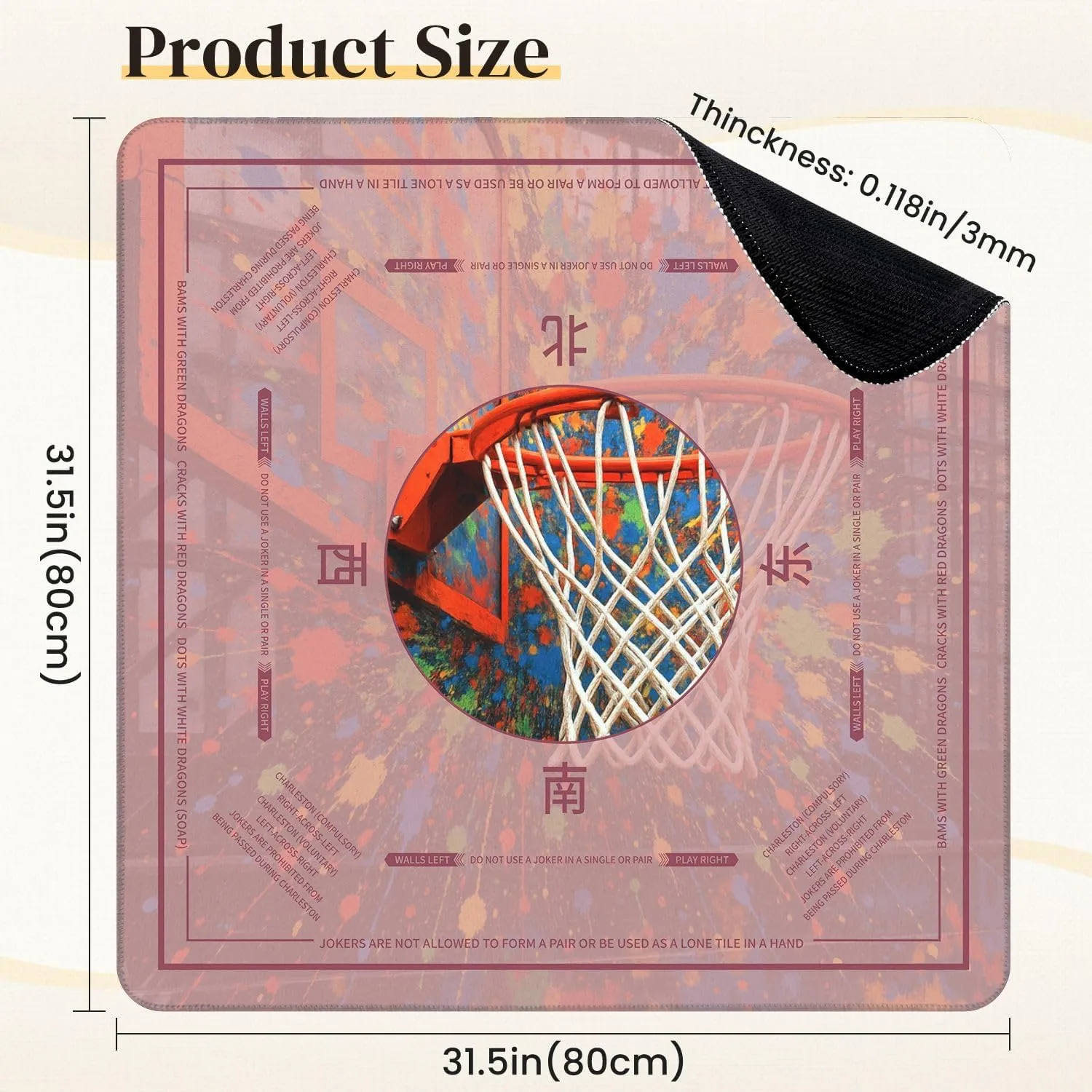 Mahjong Mat for Table Graffiti Basketball Street Pop Inspirational Sports Hoop Paint 31.5" x 31.5" Non-Slip Noise-Reducing Game Mat Premium Mahjong Accessories for Poker Dominoes Board Games