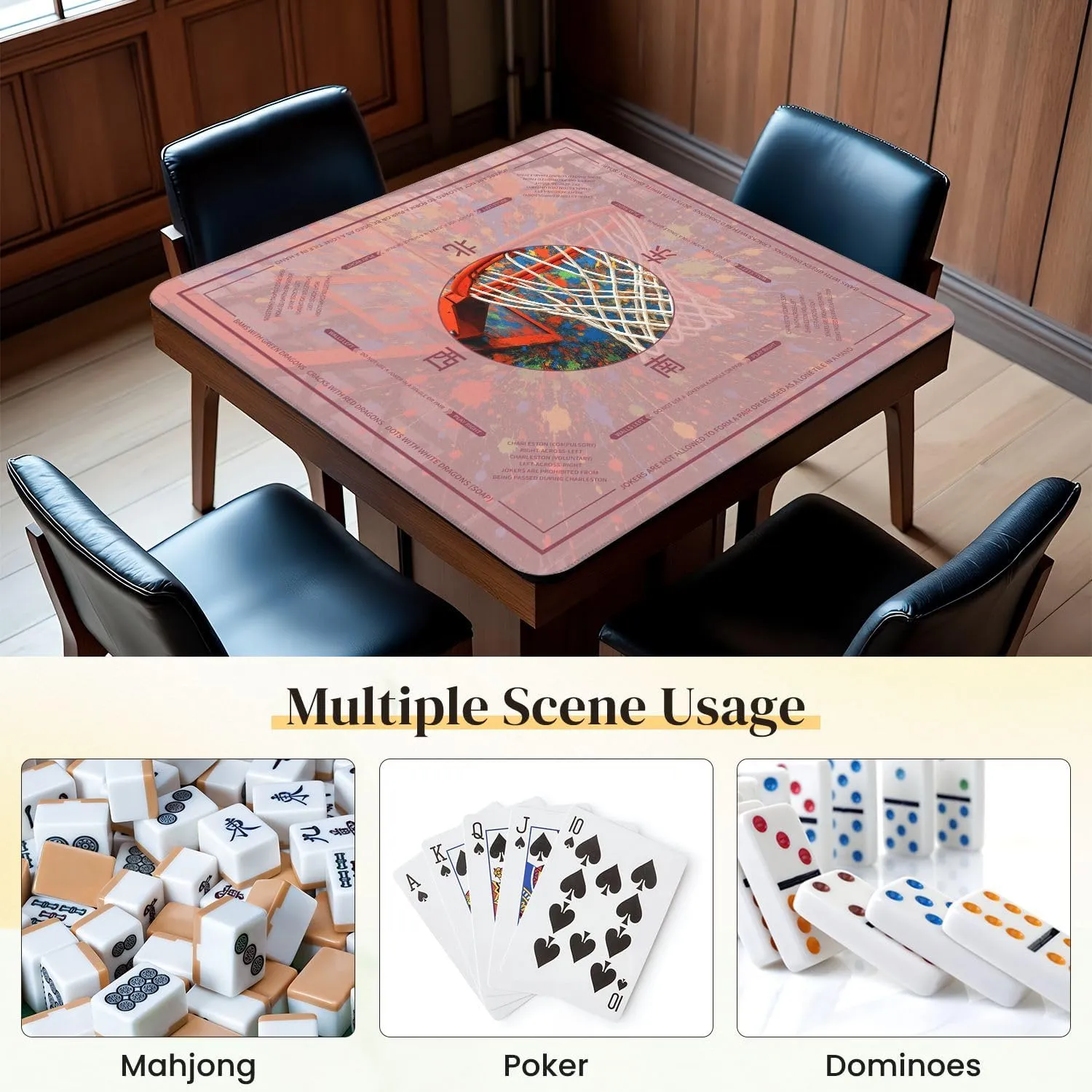 Mahjong Mat for Table Graffiti Basketball Street Pop Inspirational Sports Hoop Paint 31.5" x 31.5" Non-Slip Noise-Reducing Game Mat Premium Mahjong Accessories for Poker Dominoes Board Games