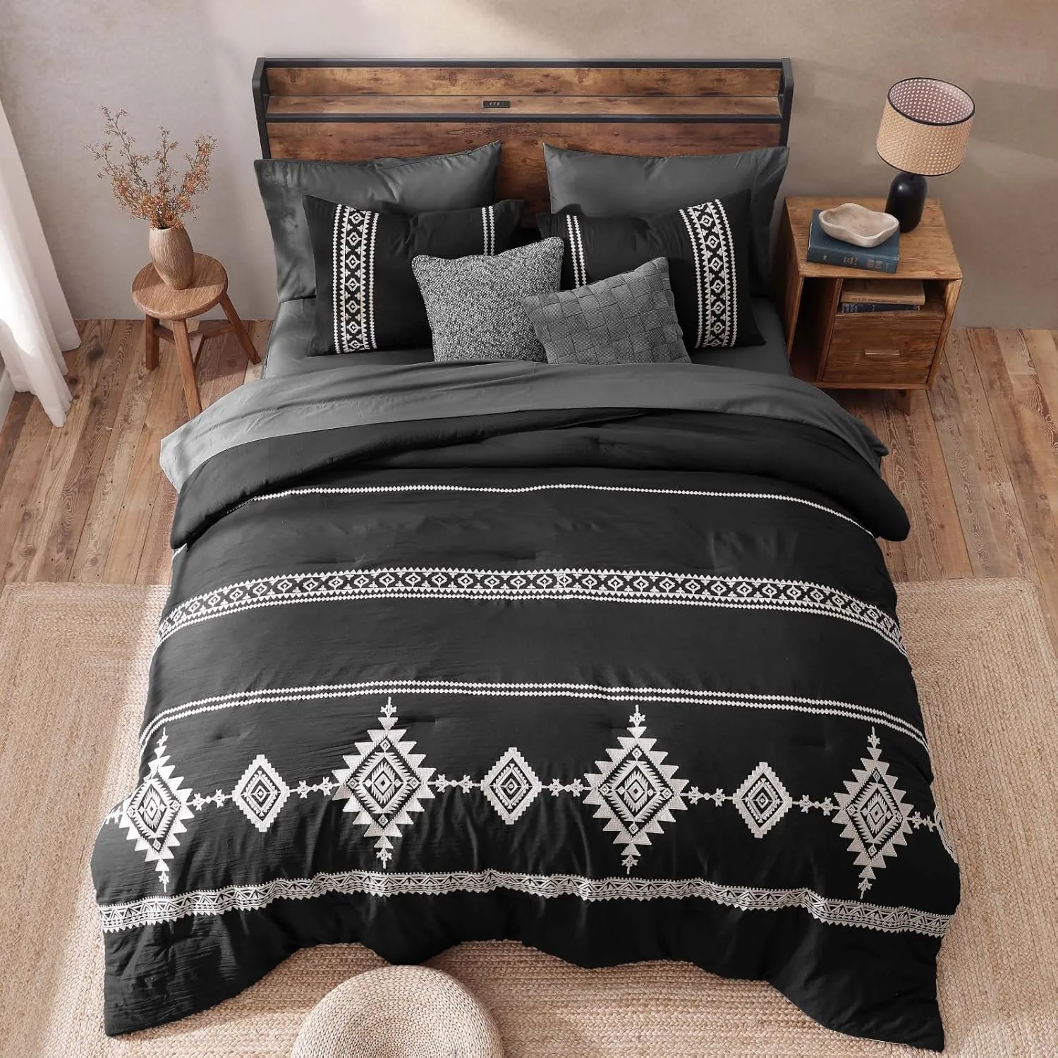 MAIREVE Embroidery Full Size Comforter Set Black, Farmhouse Western Boho Bedding Set 7 Pieces, All Season Bed in A Bag Comforter Set with Sheets, Pillowcases & Shams