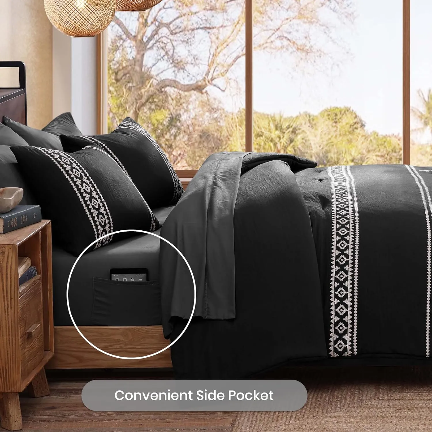 MAIREVE Embroidery Full Size Comforter Set Black, Farmhouse Western Boho Bedding Set 7 Pieces, All Season Bed in A Bag Comforter Set with Sheets, Pillowcases & Shams
