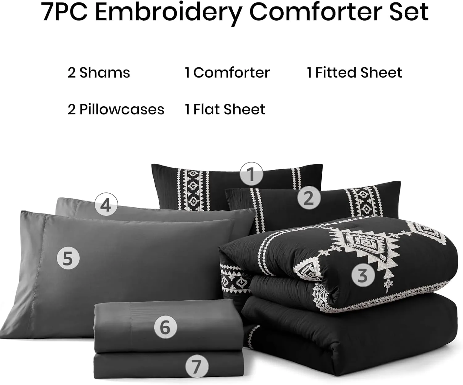 MAIREVE Embroidery Full Size Comforter Set Black, Farmhouse Western Boho Bedding Set 7 Pieces, All Season Bed in A Bag Comforter Set with Sheets, Pillowcases & Shams
