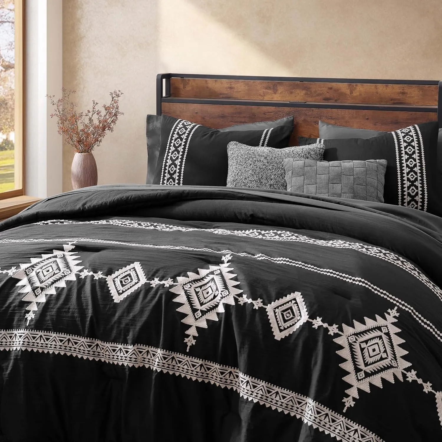 MAIREVE Embroidery King Size Comforter Set Black, Boho Farmhouse Western Bedding Set 7 Pieces, All Season Bed in A Bag Comforter Set with Sheets, Pillowcases & Shams