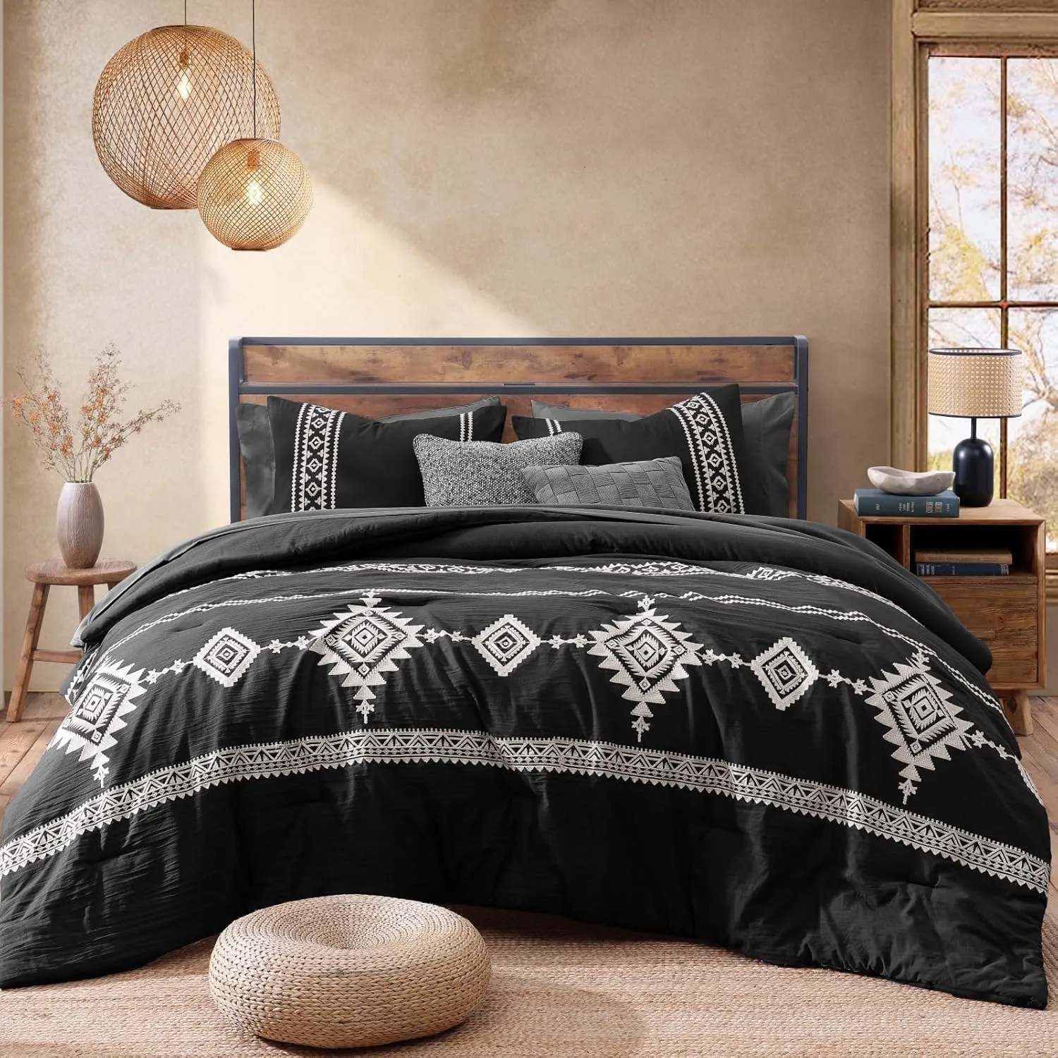MAIREVE Embroidery King Size Comforter Set Black, Boho Farmhouse Western Bedding Set 7 Pieces, All Season Bed in A Bag Comforter Set with Sheets, Pillowcases & Shams