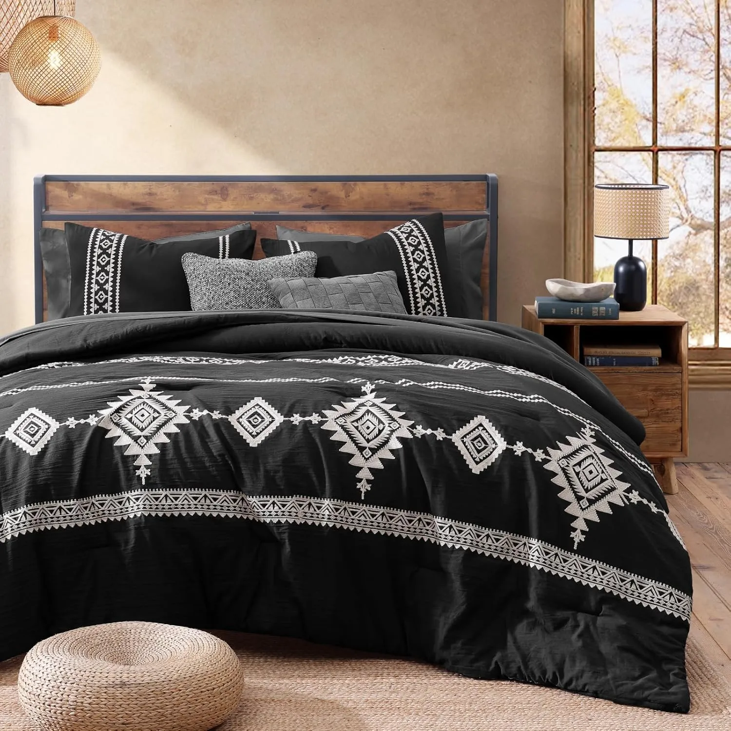 MAIREVE Embroidery King Size Comforter Set Black, Boho Farmhouse Western Bedding Set 7 Pieces, All Season Bed in A Bag Comforter Set with Sheets, Pillowcases & Shams