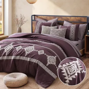 MAIREVE Embroidery Queen Size Comforter Set Purple, Boho Farmhouse Western Bedding Set 7 Pieces, All Season Bed in A Bag Comforter Set with Sheets, Pillowcases & Shams