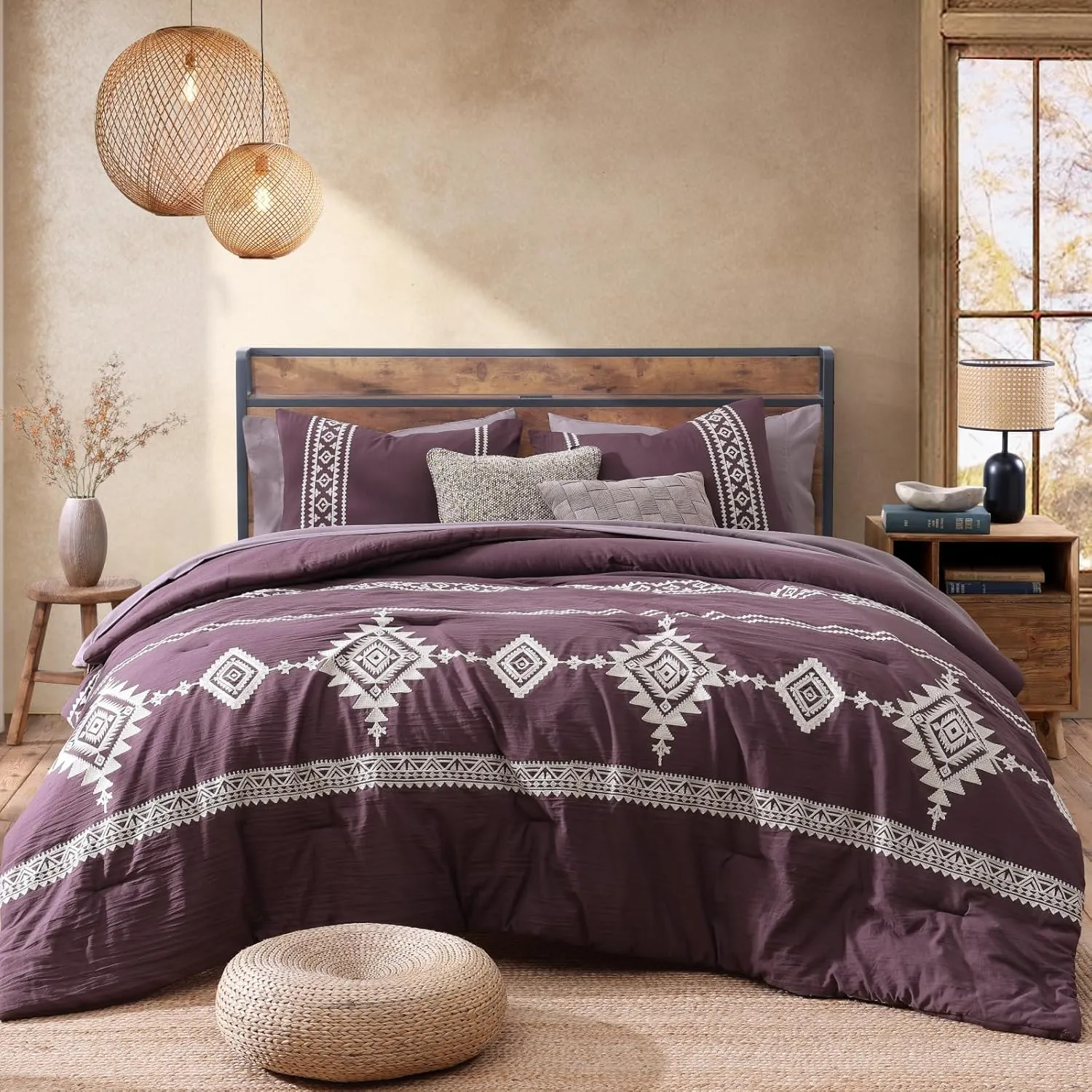 MAIREVE Embroidery Queen Size Comforter Set Purple, Boho Farmhouse Western Bedding Set 7 Pieces, All Season Bed in A Bag Comforter Set with Sheets, Pillowcases & Shams