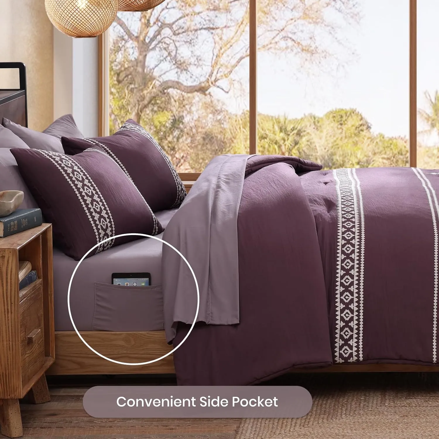 MAIREVE Embroidery Queen Size Comforter Set Purple, Boho Farmhouse Western Bedding Set 7 Pieces, All Season Bed in A Bag Comforter Set with Sheets, Pillowcases & Shams