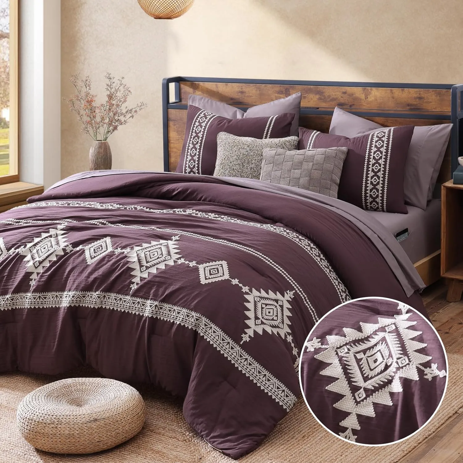 MAIREVE Embroidery Queen Size Comforter Set Purple, Boho Farmhouse Western Bedding Set 7 Pieces, All Season Bed in A Bag Comforter Set with Sheets, Pillowcases & Shams
