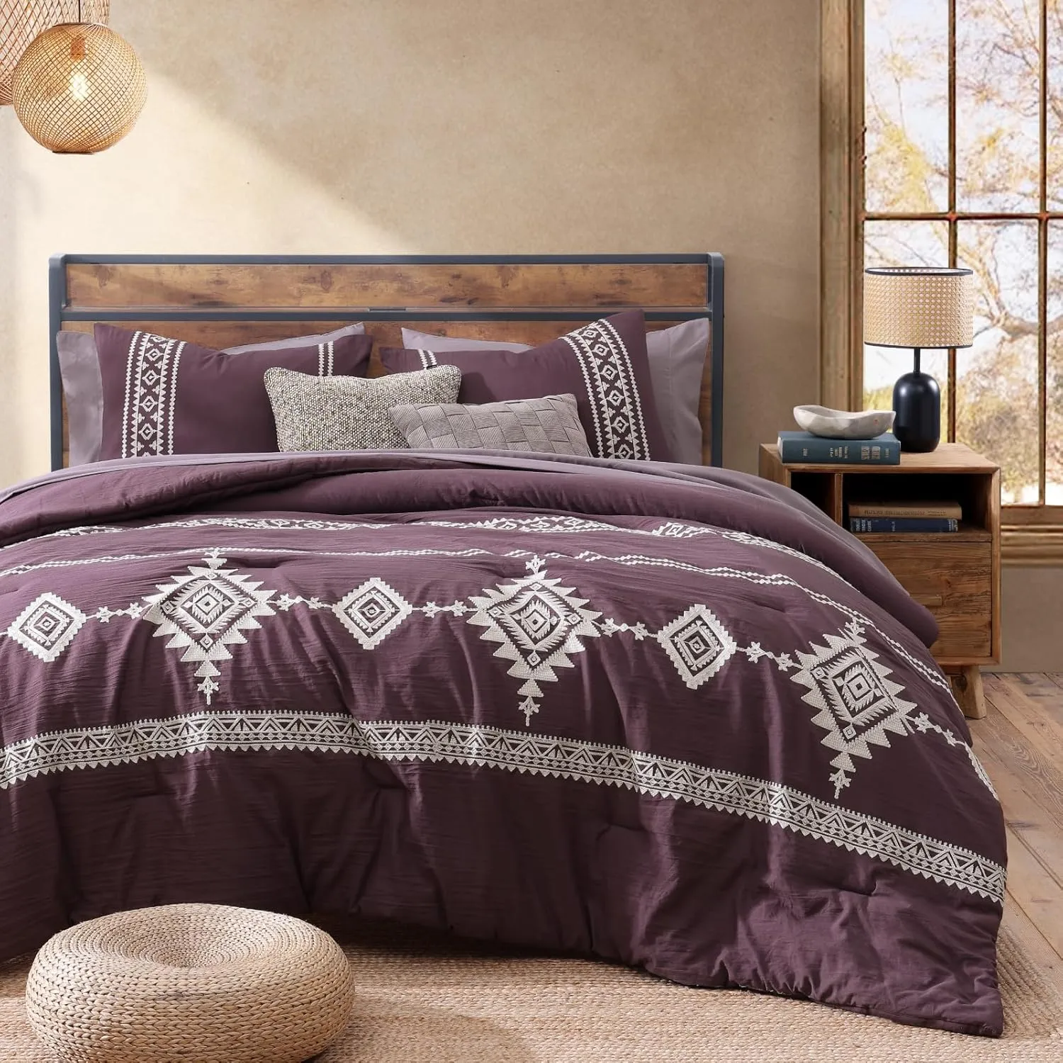 MAIREVE Embroidery Queen Size Comforter Set Purple, Boho Farmhouse Western Bedding Set 7 Pieces, All Season Bed in A Bag Comforter Set with Sheets, Pillowcases & Shams