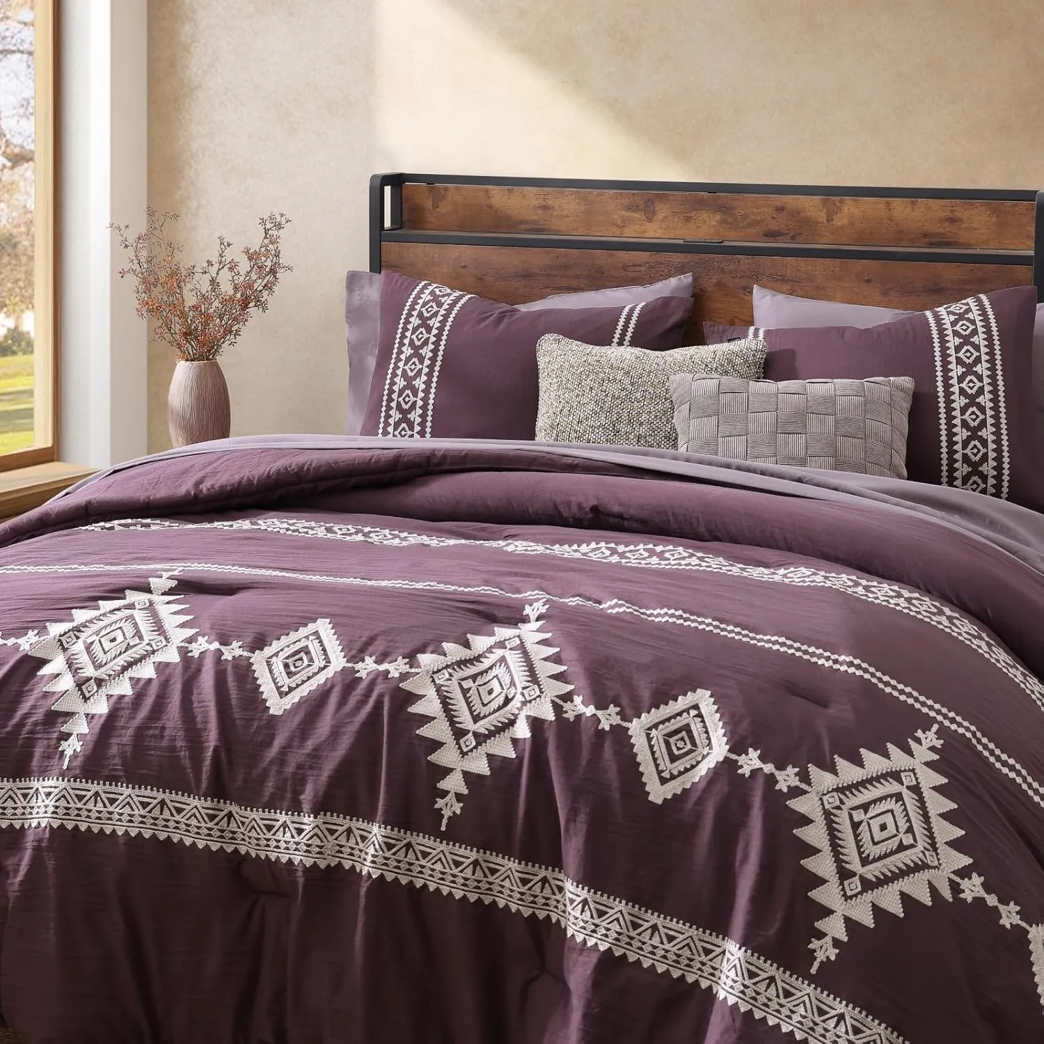 MAIREVE Embroidery Queen Size Comforter Set Purple, Boho Farmhouse Western Bedding Set 7 Pieces, All Season Bed in A Bag Comforter Set with Sheets, Pillowcases & Shams