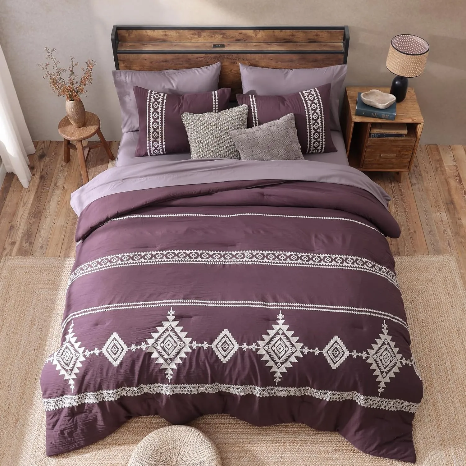 MAIREVE Embroidery Queen Size Comforter Set Purple, Boho Farmhouse Western Bedding Set 7 Pieces, All Season Bed in A Bag Comforter Set with Sheets, Pillowcases & Shams