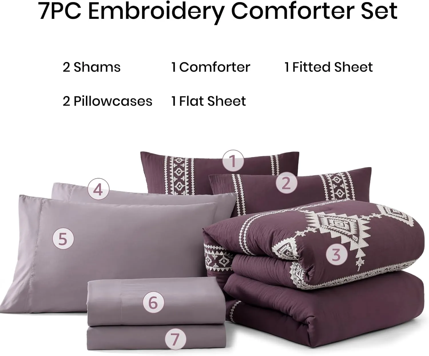 MAIREVE Embroidery Queen Size Comforter Set Purple, Boho Farmhouse Western Bedding Set 7 Pieces, All Season Bed in A Bag Comforter Set with Sheets, Pillowcases & Shams