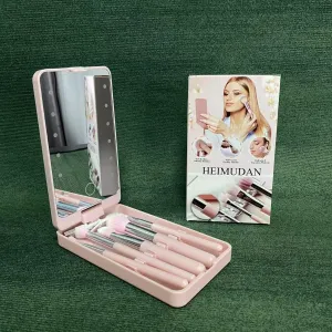 Make-up brushes,Travel Makeup Brush Set with LED Light Mirror, Cosmetic Makeup Brushes Kit with Holder Case and Mirror, Foundation Powder Concealers Eye Shadows Makeup Brush Set(Pink)