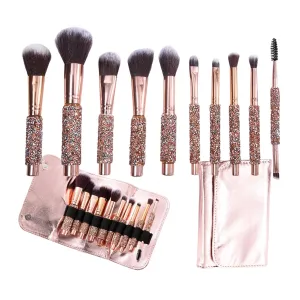 Makeup Brushes 10 Pcs Set,Professional Makeup Kit,Make up Brush Foundation Powder Brush Eyebrow Eyeshadow Brush Contour Concealer Brush with Diamonds Decorated, Cosmetic Bag (Gold)