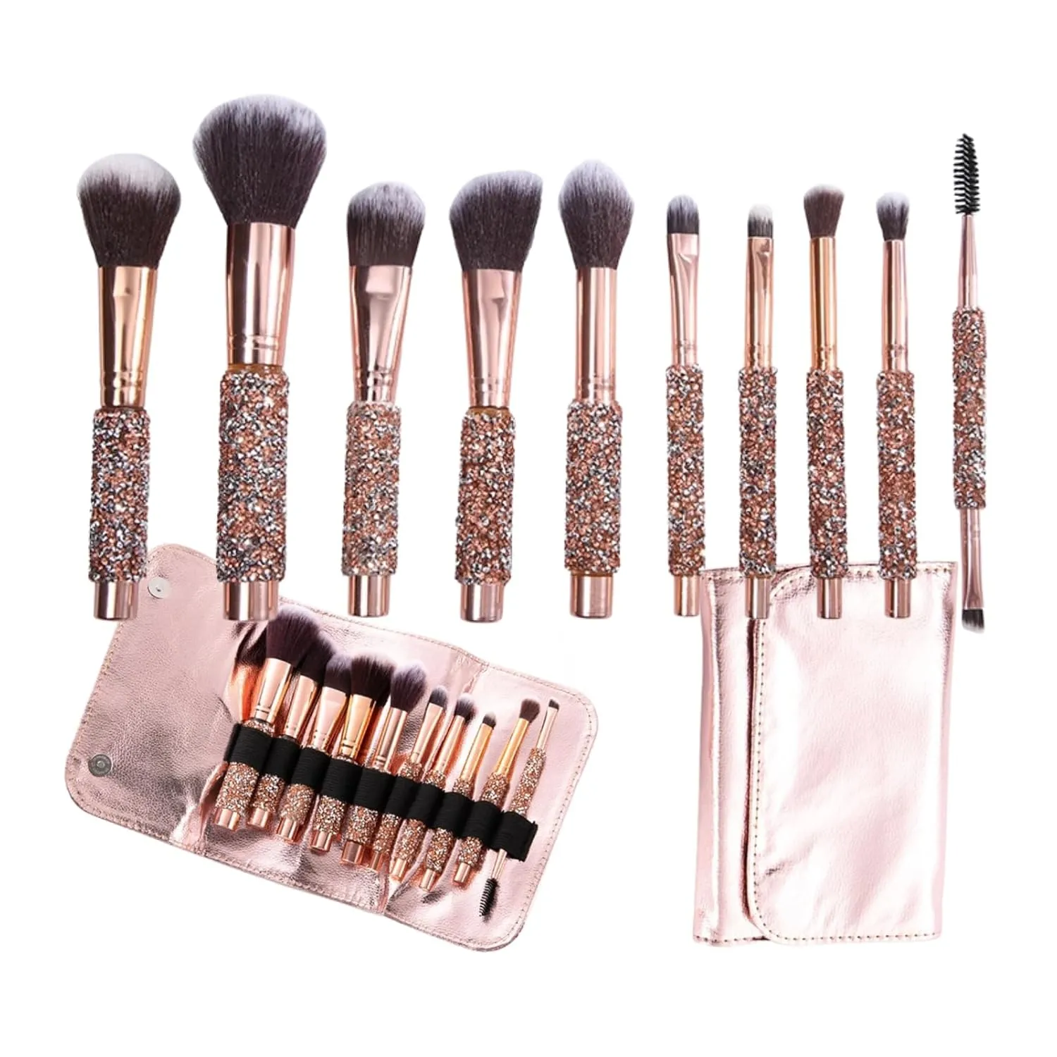 Makeup Brushes 10 Pcs Set,Professional Makeup Kit,Make up Brush Foundation Powder Brush Eyebrow Eyeshadow Brush Contour Concealer Brush with Diamonds Decorated, Cosmetic Bag (Gold)