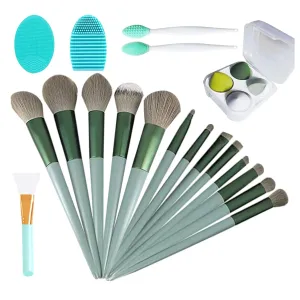Makeup Brushes 13 Pcs Set, Professional Makeup Kit,Make up Brush Powder Foundation Brush Eyebrow Eyeshadow Contour Blush Concealer Brush with Makeup Puff, Cleaning Mat,Makeup Tools (Green)