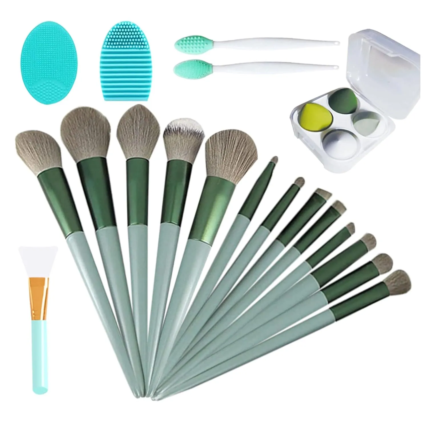 Makeup Brushes 13 Pcs Set, Professional Makeup Kit,Make up Brush Powder Foundation Brush Eyebrow Eyeshadow Contour Blush Concealer Brush with Makeup Puff, Cleaning Mat,Makeup Tools (Green)