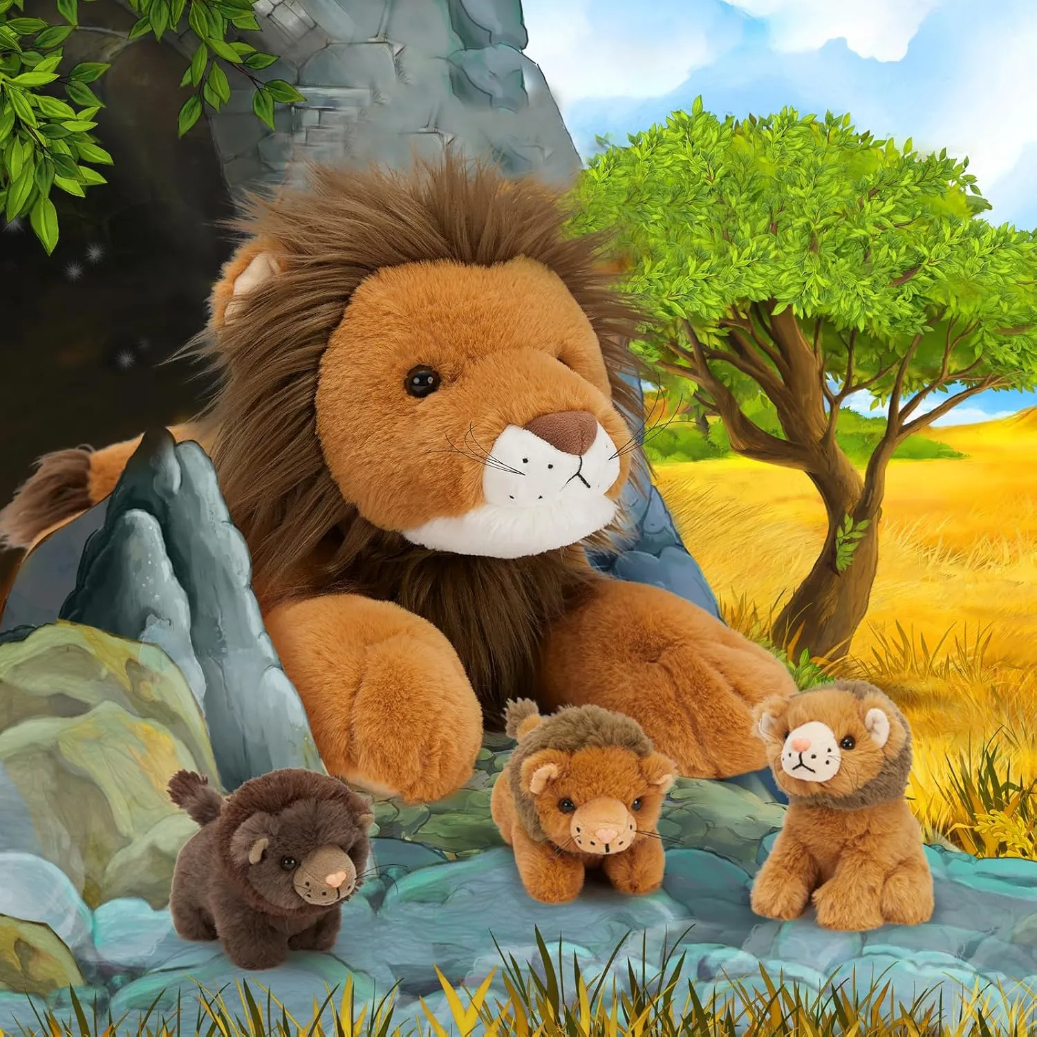 MaoGoLan 4 Pcs Lion Stuffed Animal for Kids, Big Lion Plush Toys with 3 Babies Inside,Birthday Decor