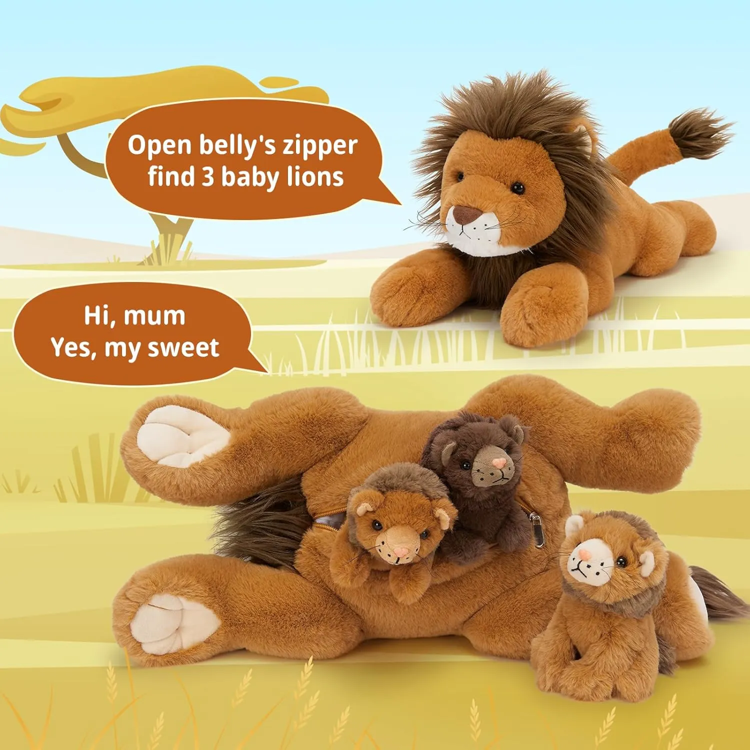 MaoGoLan 4 Pcs Lion Stuffed Animal for Kids, Big Lion Plush Toys with 3 Babies Inside,Birthday Decor