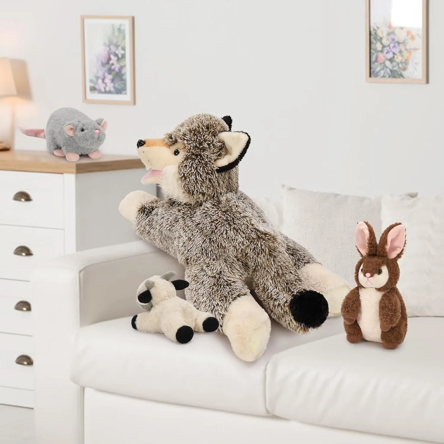 MaoGoLan 4 Pcs Wolf Stuffed Animal with 3 Small Plush Toys,Big Coyote Plushies with Bunny Plush,Stuffed Lamb & Mouse for Kids Valentine & Birthday Gift