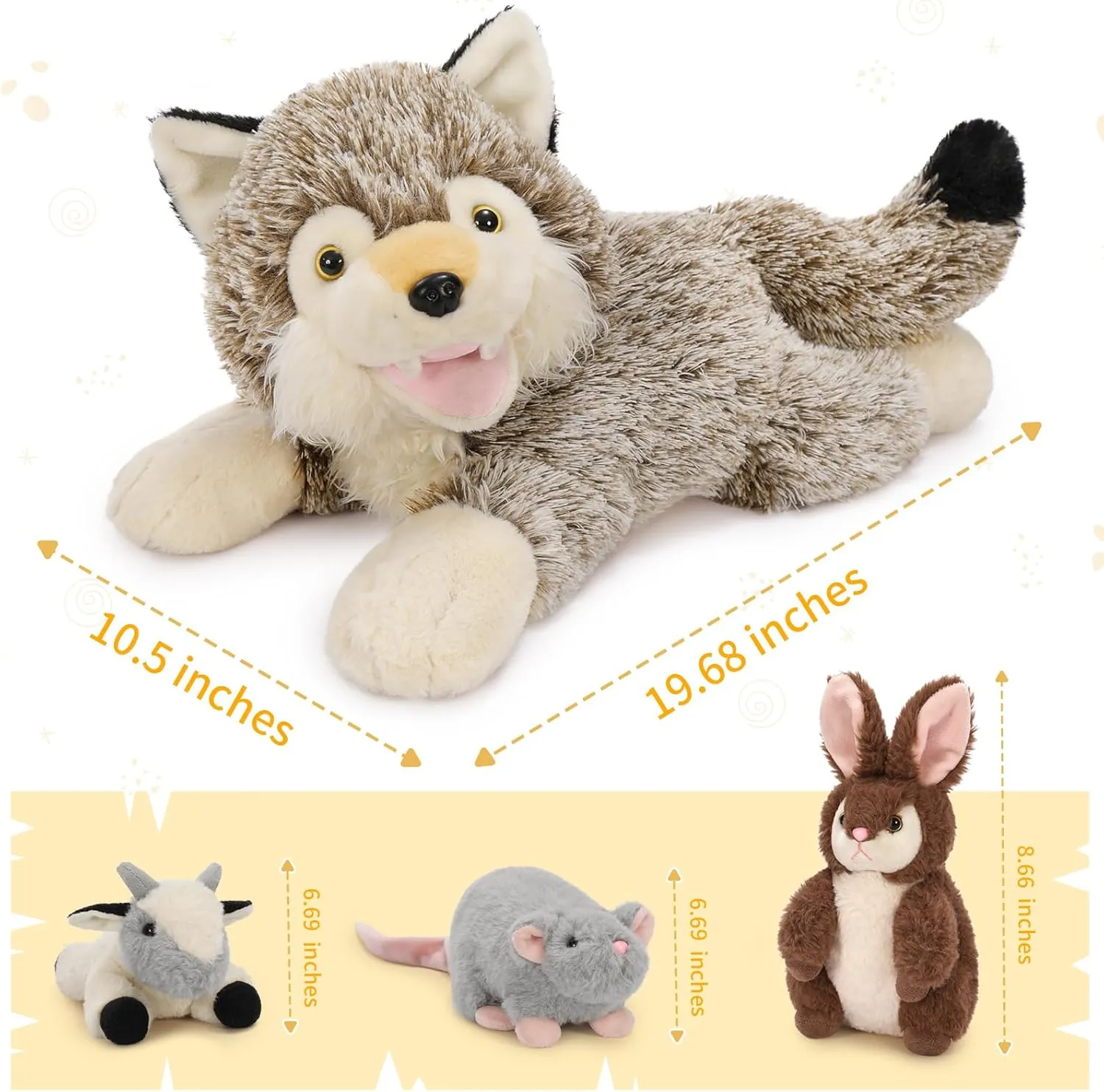 MaoGoLan 4 Pcs Wolf Stuffed Animal with 3 Small Plush Toys,Big Coyote Plushies with Bunny Plush,Stuffed Lamb & Mouse for Kids Valentine & Birthday Gift