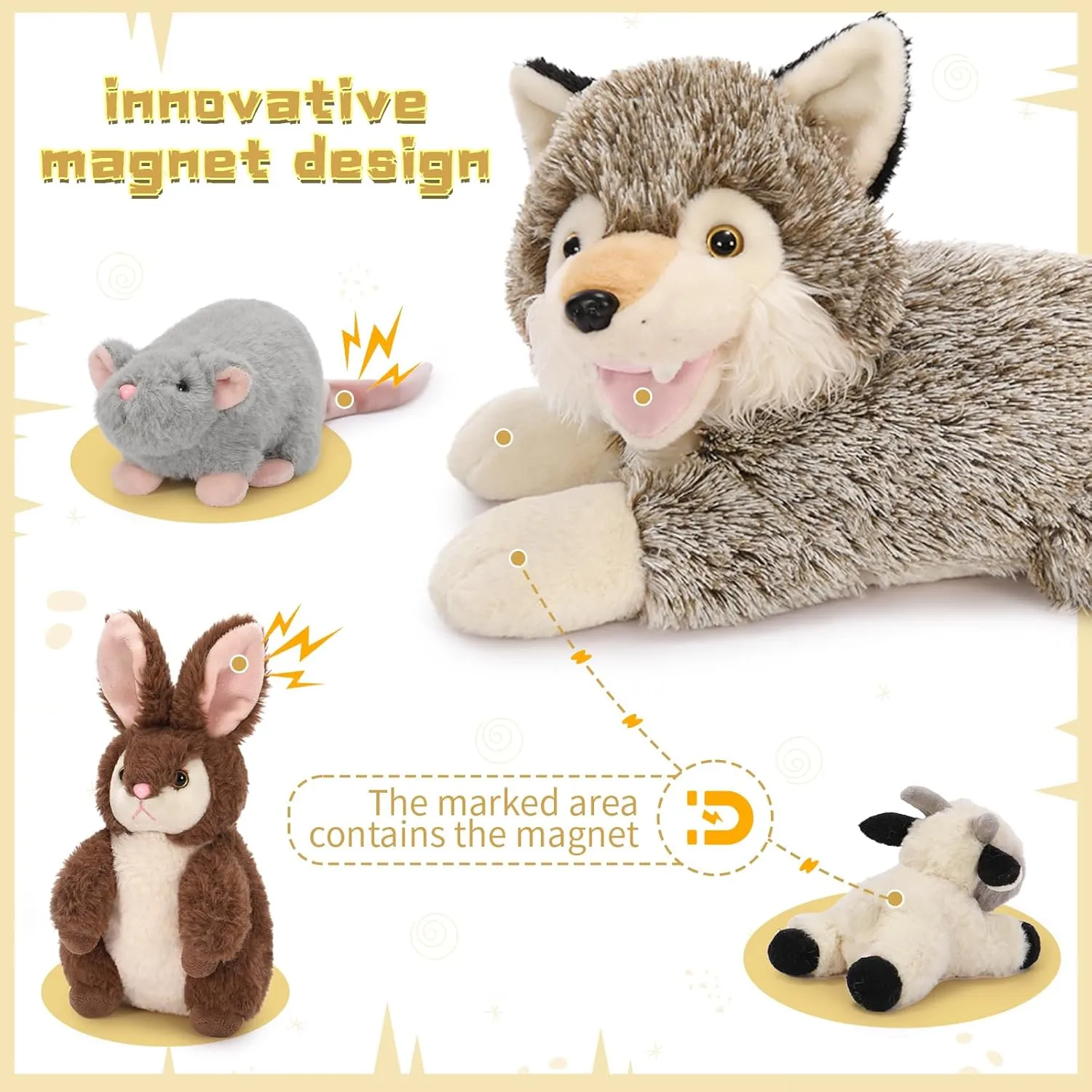 MaoGoLan 4 Pcs Wolf Stuffed Animal with 3 Small Plush Toys,Big Coyote Plushies with Bunny Plush,Stuffed Lamb & Mouse for Kids Valentine & Birthday Gift