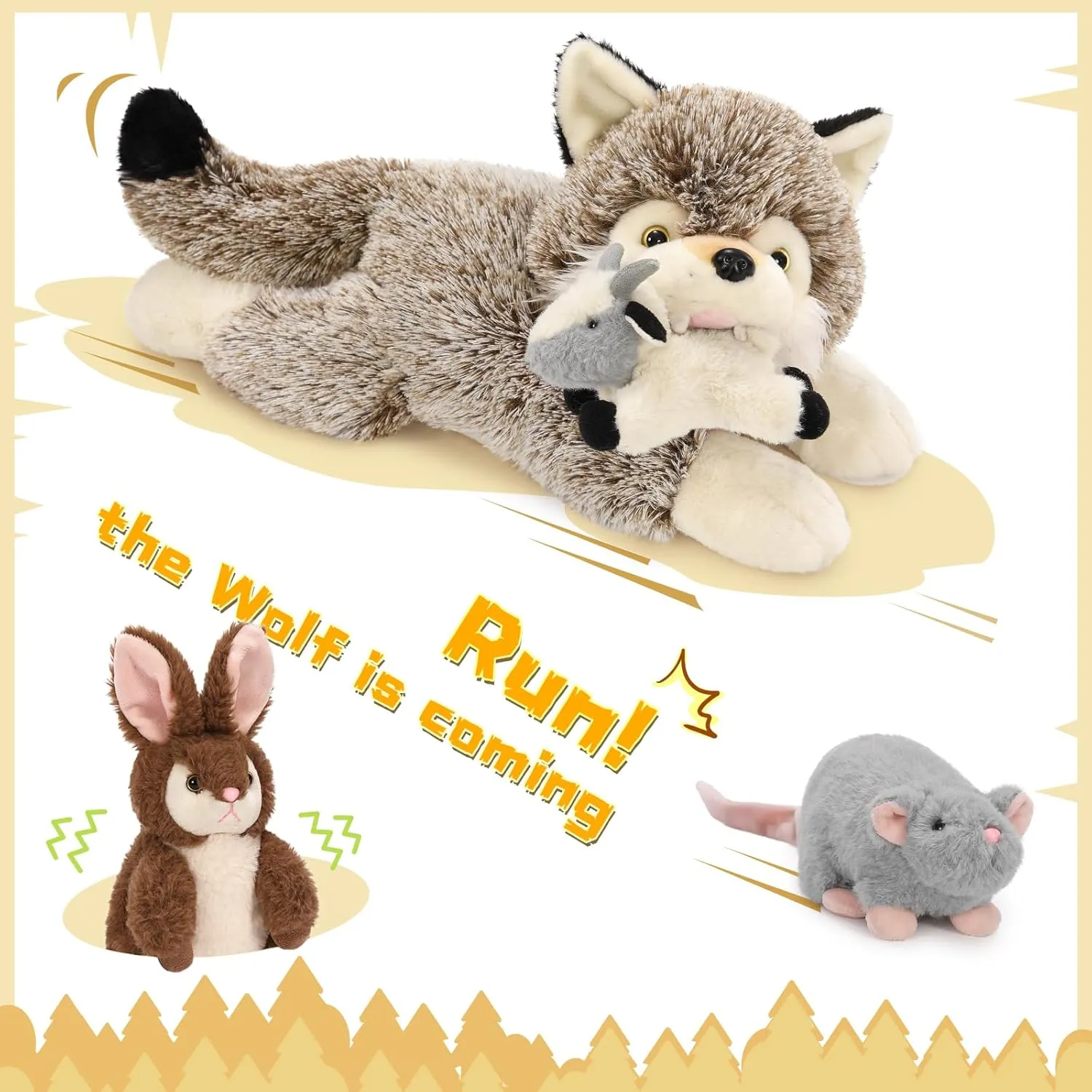 MaoGoLan 4 Pcs Wolf Stuffed Animal with 3 Small Plush Toys,Big Coyote Plushies with Bunny Plush,Stuffed Lamb & Mouse for Kids Valentine & Birthday Gift