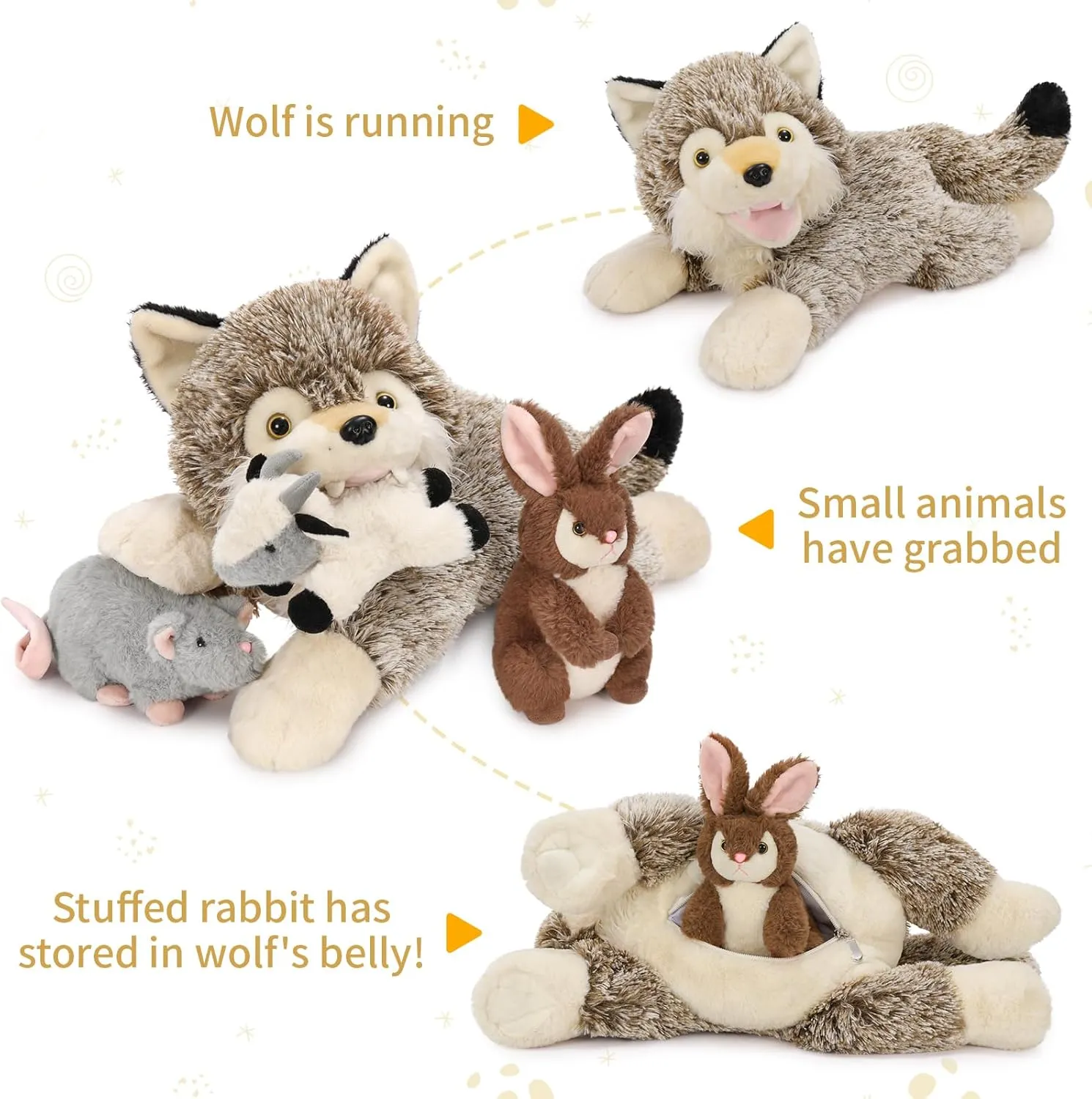 MaoGoLan 4 Pcs Wolf Stuffed Animal with 3 Small Plush Toys,Big Coyote Plushies with Bunny Plush,Stuffed Lamb & Mouse for Kids Valentine & Birthday Gift