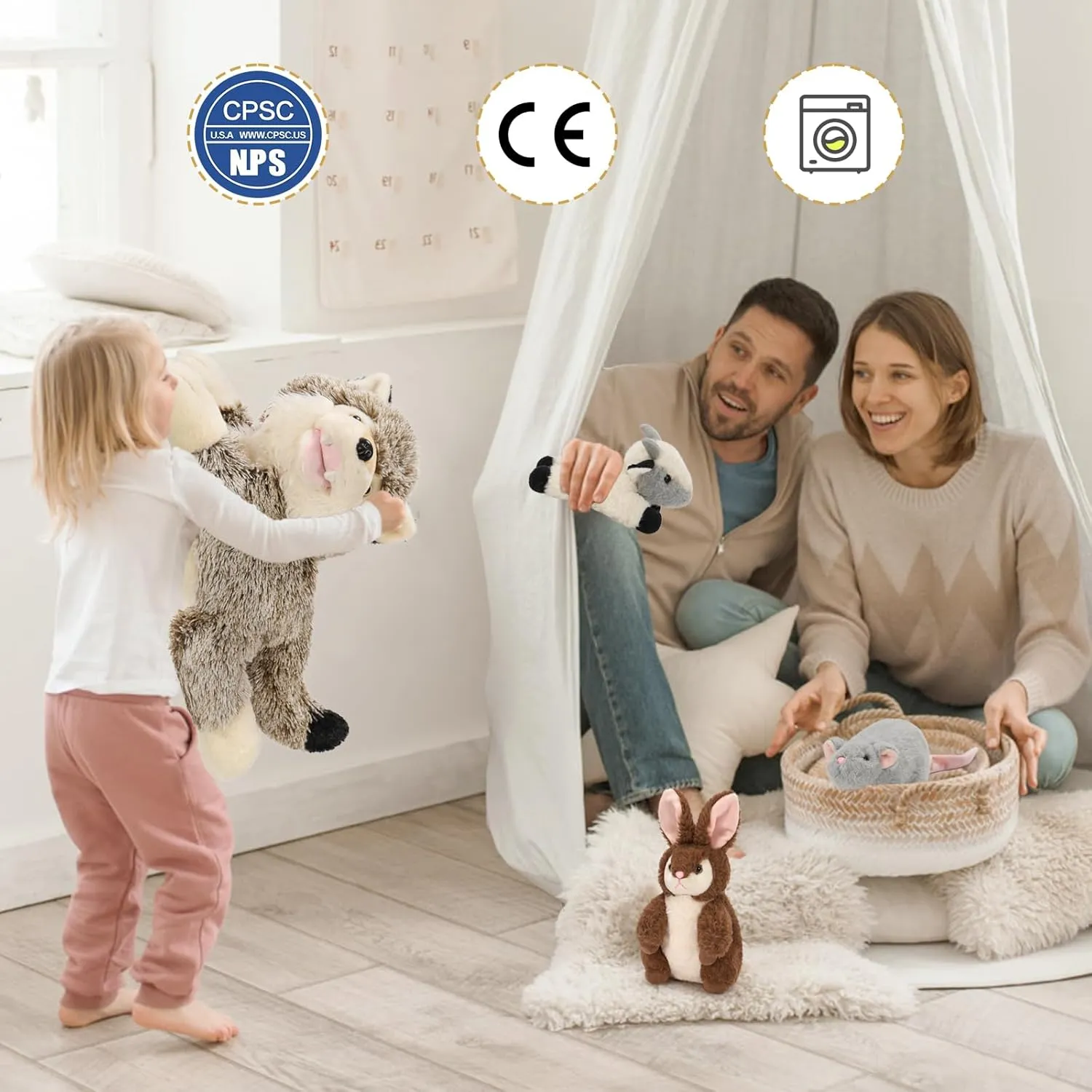 MaoGoLan 4 Pcs Wolf Stuffed Animal with 3 Small Plush Toys,Big Coyote Plushies with Bunny Plush,Stuffed Lamb & Mouse for Kids Valentine & Birthday Gift