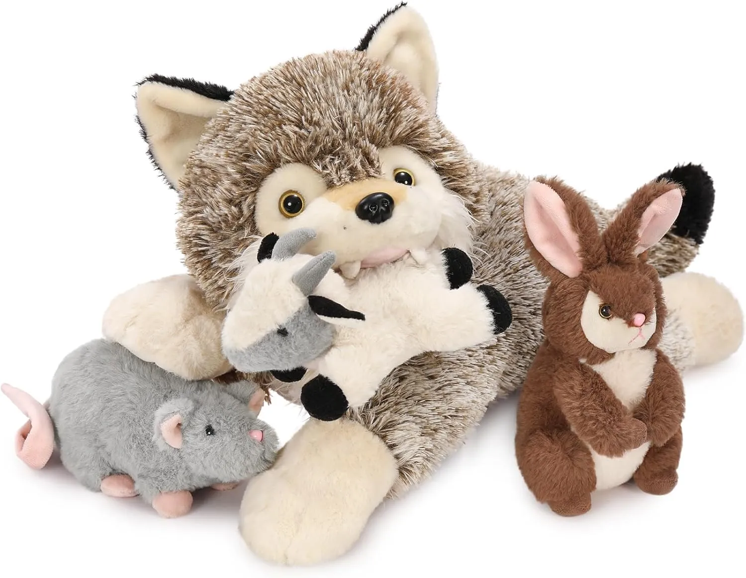 MaoGoLan 4 Pcs Wolf Stuffed Animal with 3 Small Plush Toys,Big Coyote Plushies with Bunny Plush,Stuffed Lamb & Mouse for Kids Valentine & Birthday Gift