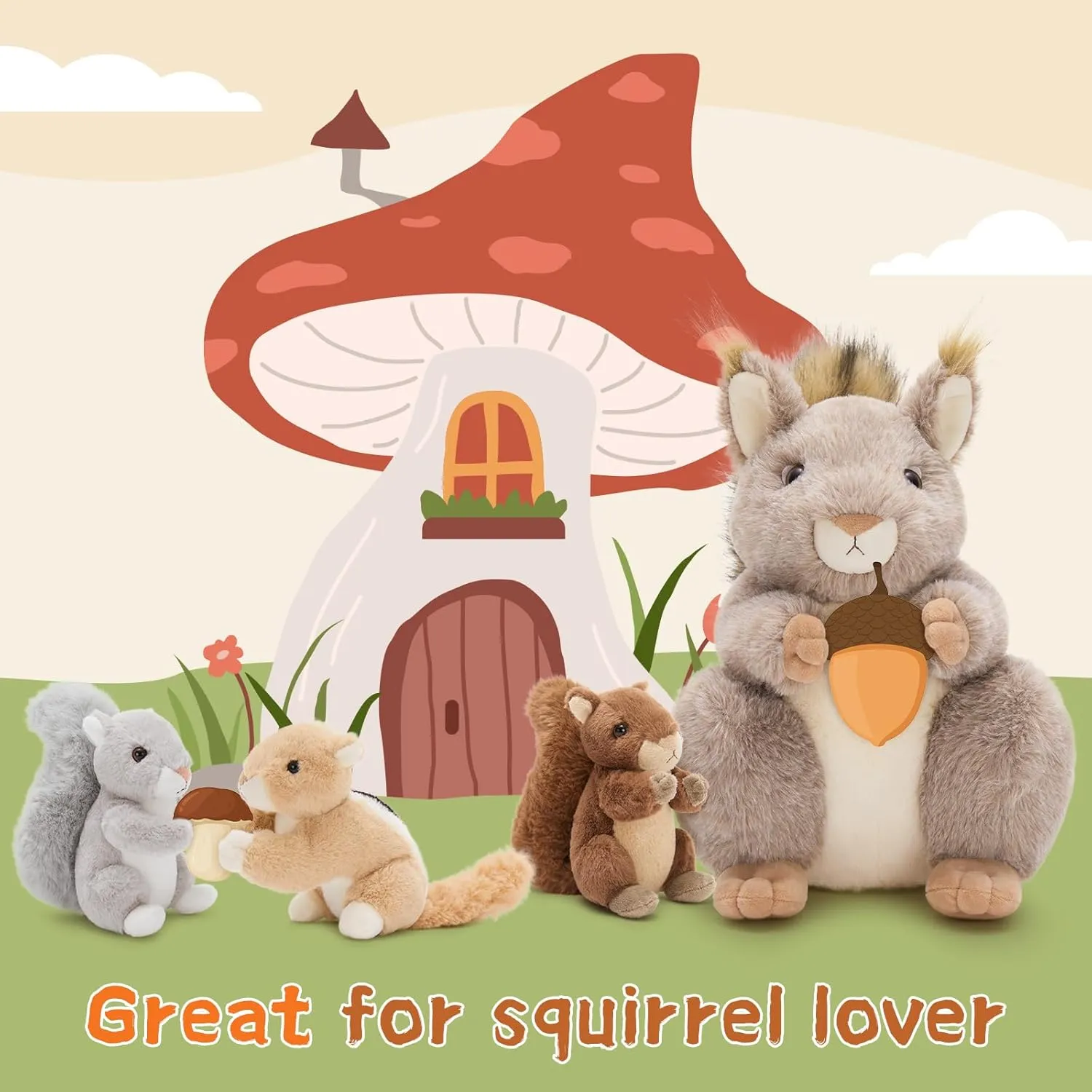 MaoGoLan 4Pcs Squirrels Stuffed Animal, Realistic Squirrel Plush Toys with 3 Baby Squirrels for Small Hand, Adorable Stuffed Squirrels Gift for Forest Animal Lover,Girls,Boys,Kids,Baby Shower