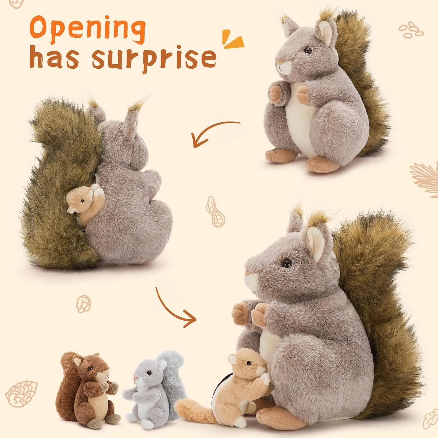MaoGoLan 4Pcs Squirrels Stuffed Animal, Realistic Squirrel Plush Toys with 3 Baby Squirrels for Small Hand, Adorable Stuffed Squirrels Gift for Forest Animal Lover,Girls,Boys,Kids,Baby Shower