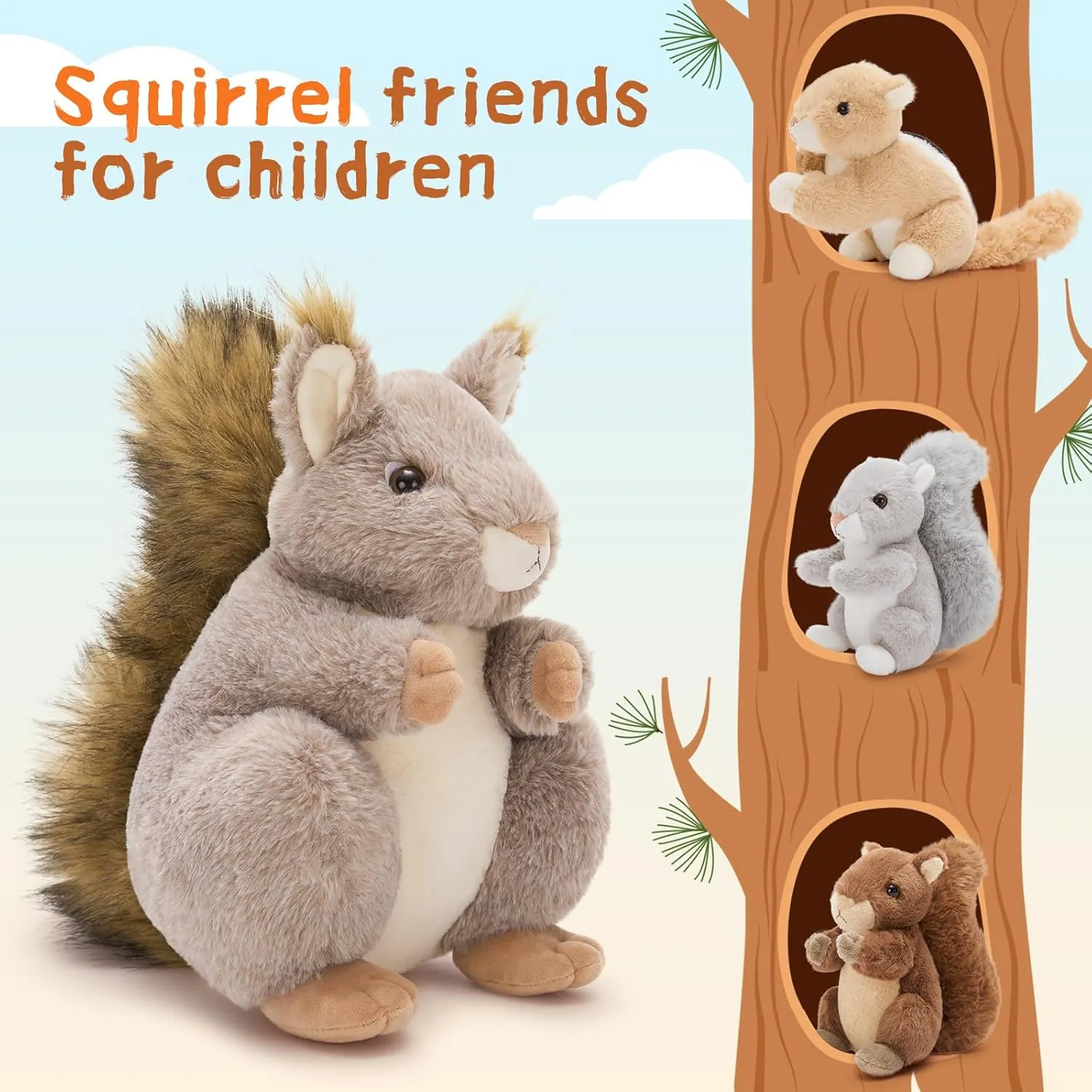 MaoGoLan 4Pcs Squirrels Stuffed Animal, Realistic Squirrel Plush Toys with 3 Baby Squirrels for Small Hand, Adorable Stuffed Squirrels Gift for Forest Animal Lover,Girls,Boys,Kids,Baby Shower