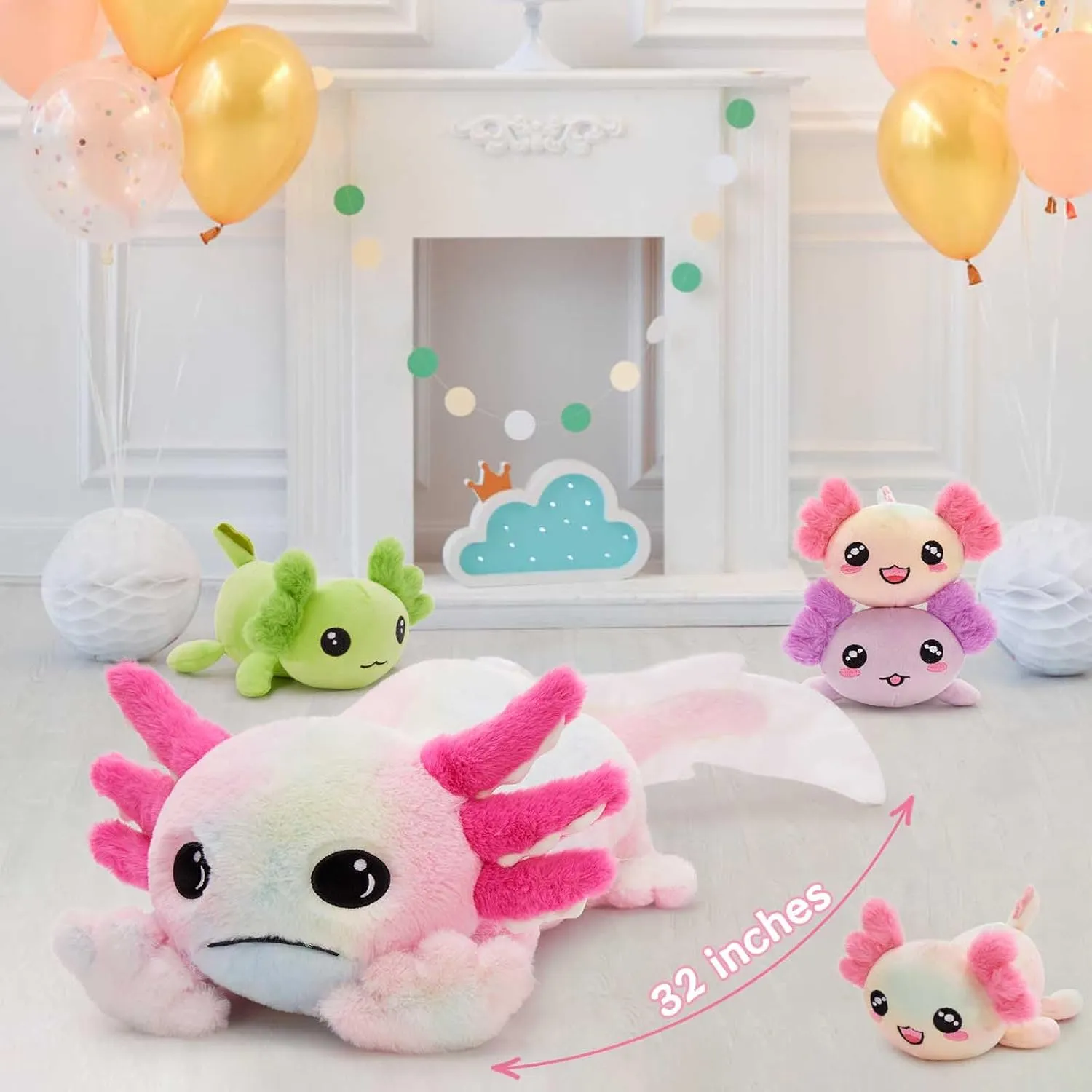 MaoGoLan 5 Pcs Axolotl Plush Stuffed Animal with 4 Babies Inside, 31.5" Glow Mommy Axolotl Plush Pillow for Girls, Soft Long Salamander Plushies for Birthday Gifts, Rainbow Tie-Dye
