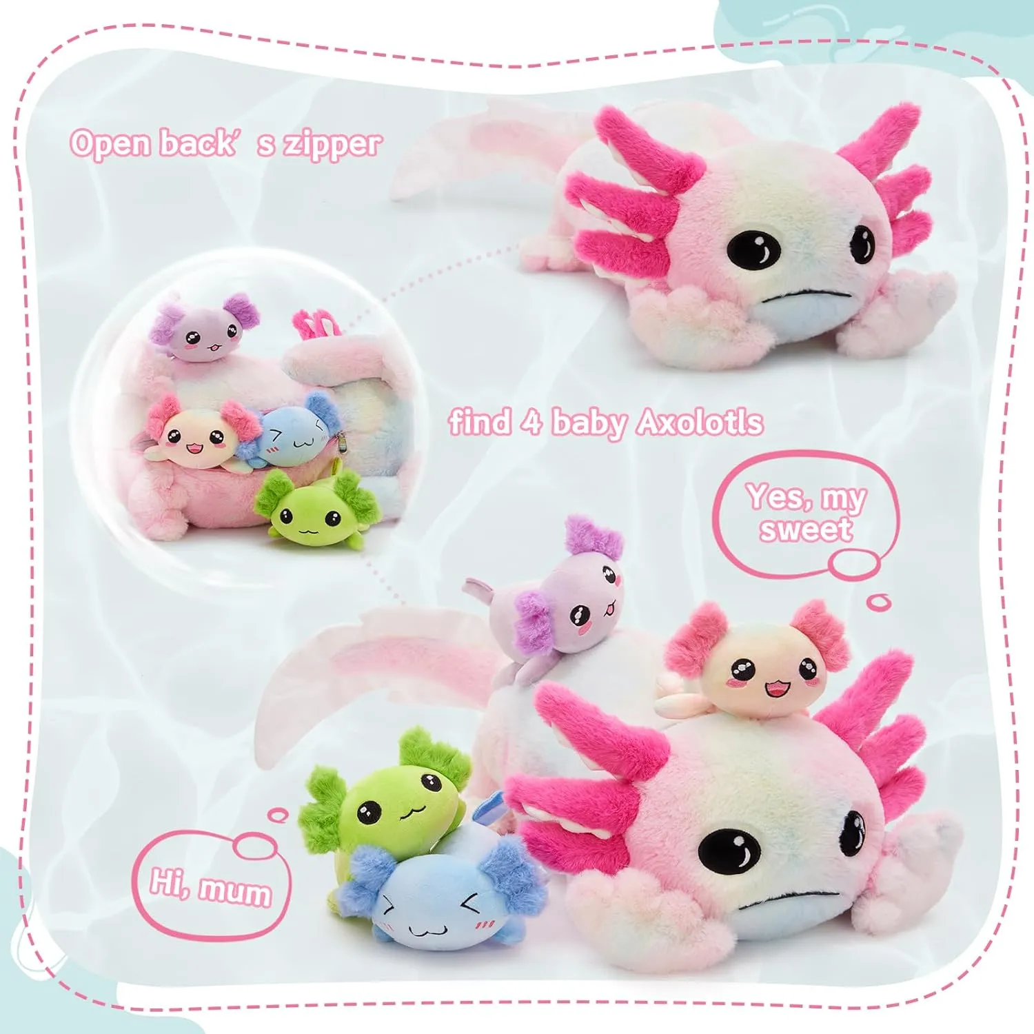 MaoGoLan 5 Pcs Axolotl Plush Stuffed Animal with 4 Babies Inside, 31.5" Glow Mommy Axolotl Plush Pillow for Girls, Soft Long Salamander Plushies for Birthday Gifts, Rainbow Tie-Dye