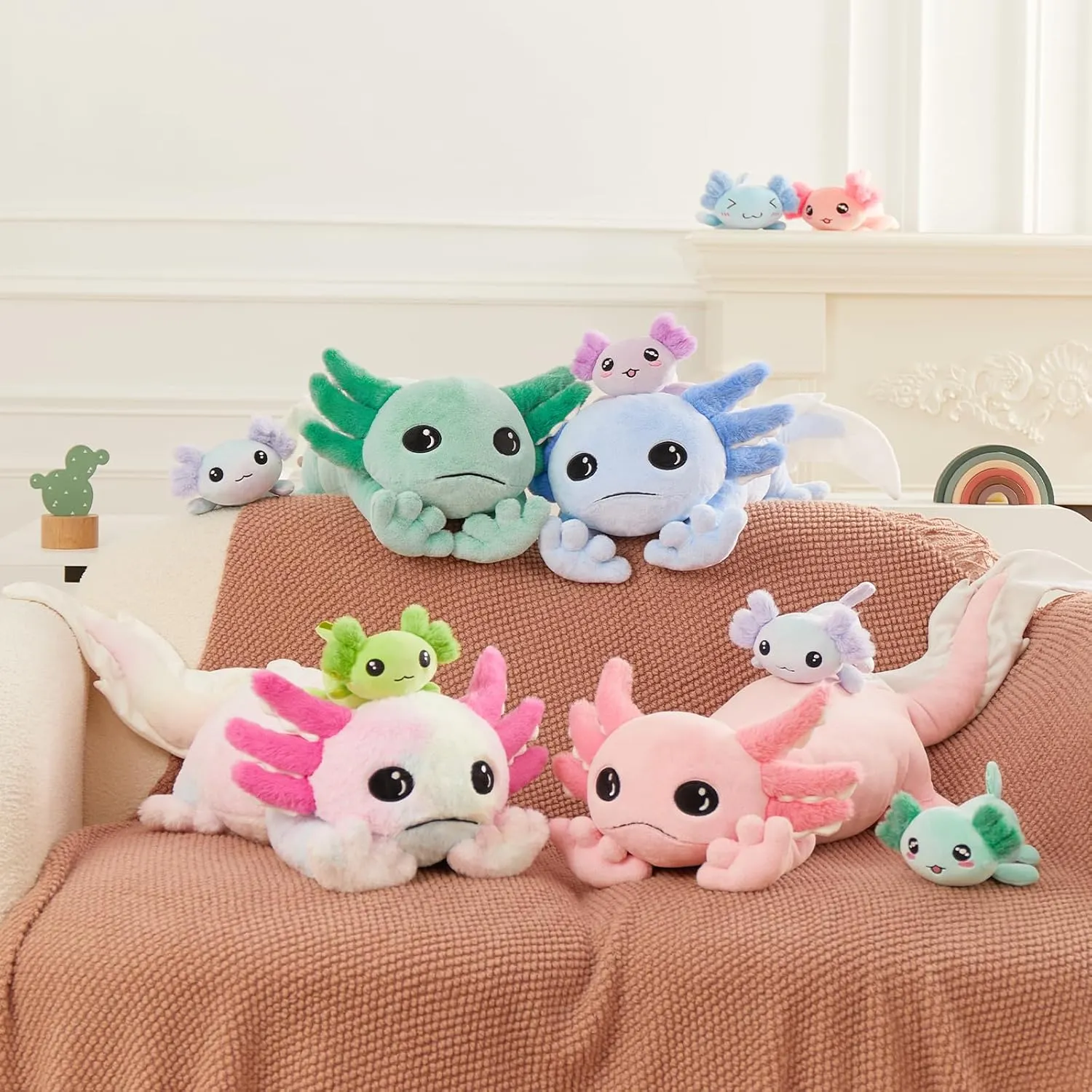MaoGoLan 5 Pcs Axolotl Plush Stuffed Animal with 4 Babies Inside, 31.5" Glow Mommy Axolotl Plush Pillow for Girls, Soft Long Salamander Plushies for Birthday Gifts, Rainbow Tie-Dye