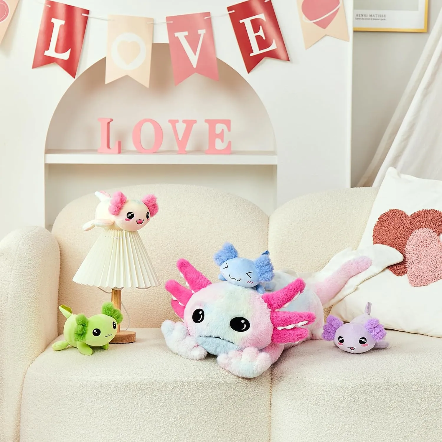 MaoGoLan 5 Pcs Axolotl Plush Stuffed Animal with 4 Babies Inside, 31.5" Glow Mommy Axolotl Plush Pillow for Girls, Soft Long Salamander Plushies for Birthday Gifts, Rainbow Tie-Dye