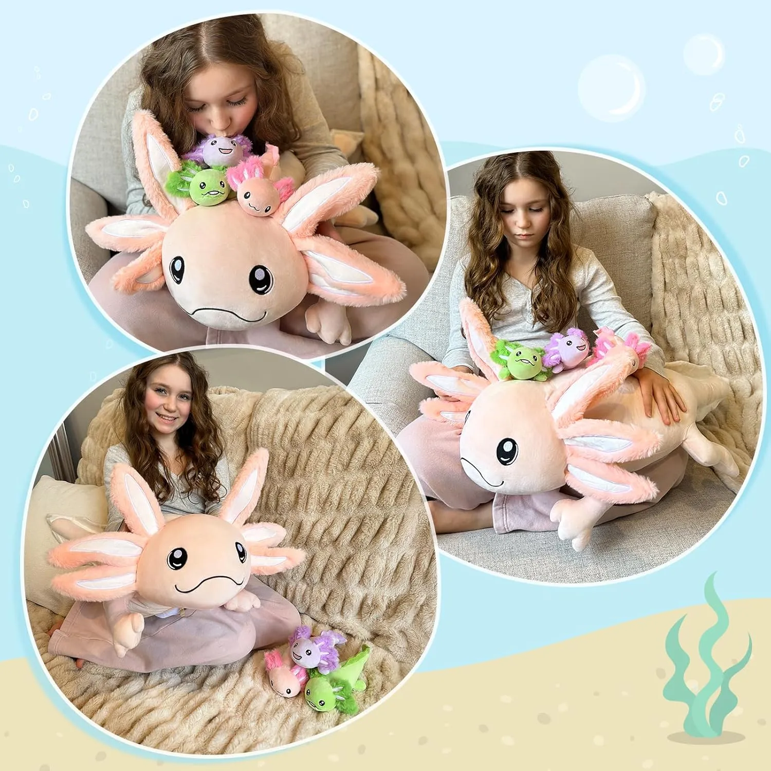 MaoGoLan Giant Mommy Axolotl Plush Stuffed Animal with 4 Babies Inside, 31.5" Soft Axolotl Plush Pillow Toy for Girls, Luminous Salamander Plushies for Birthday Gifts