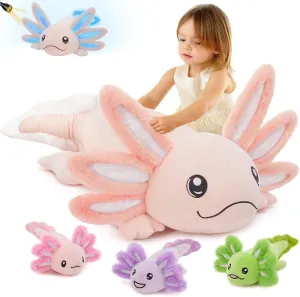 MaoGoLan Giant Mommy Axolotl Plush Stuffed Animal with 4 Babies Inside, 31.5" Soft Axolotl Plush Pillow Toy for Girls, Luminous Salamander Plushies for Birthday Gifts